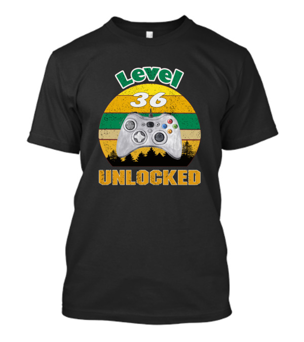 Level 36 Unlocked Video Game Controller Retro Stripes Forest T-Shirt