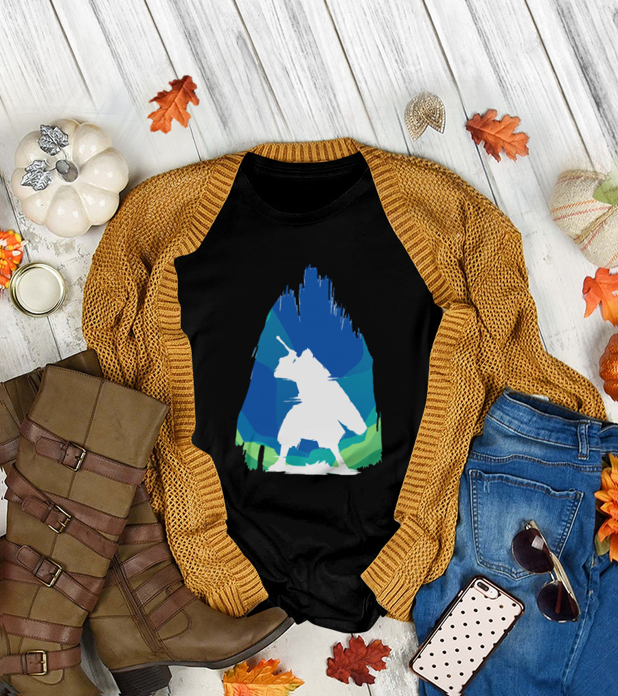 Warrior From Ocean Samurai Silhouette in Blue and Green Cave T-Shirt
