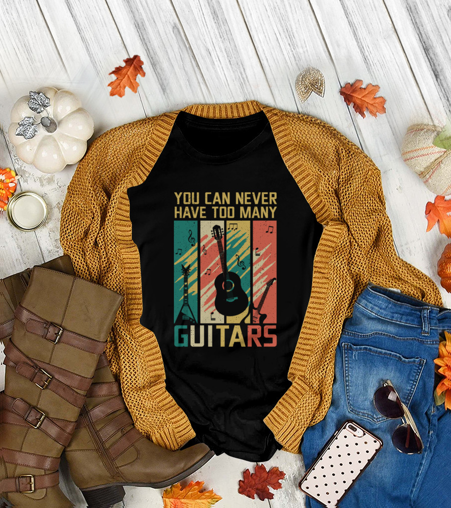 You Can Never Have Too Many Guitars Vintage Graphic with Musical Notes T-Shirt