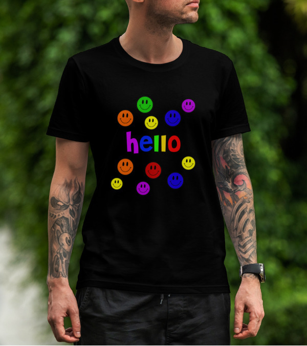 Hello Colorful Rainbow Letters With Smiley Faces T-Shirt
