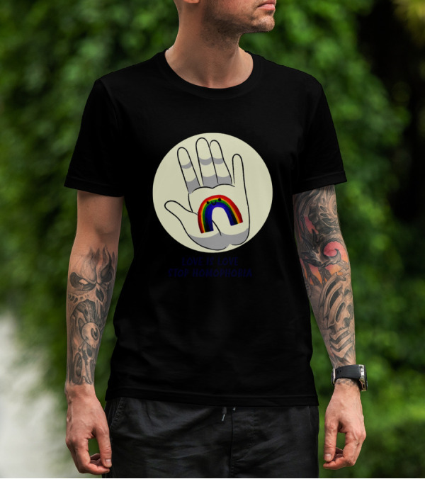 Love Is Love Stop Homophobia Hand With Rainbow T-Shirt