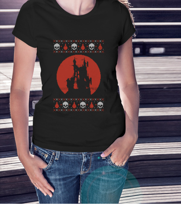 Tepes Dark Castle Silhouette With Skulls And Red Circle T-Shirt
