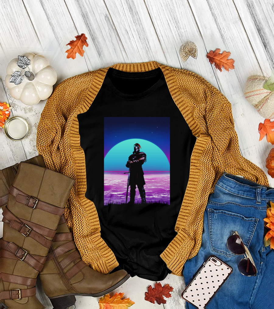Retro 80s Sci-Fi Knight Silhouette Against Neon Sunset T-Shirt