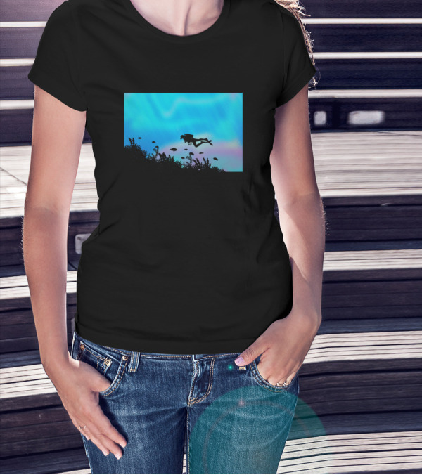 Scuba Diving In Vibrant Underwater Reef Scene With Colorful Fish And Aquatic Life T-Shirt