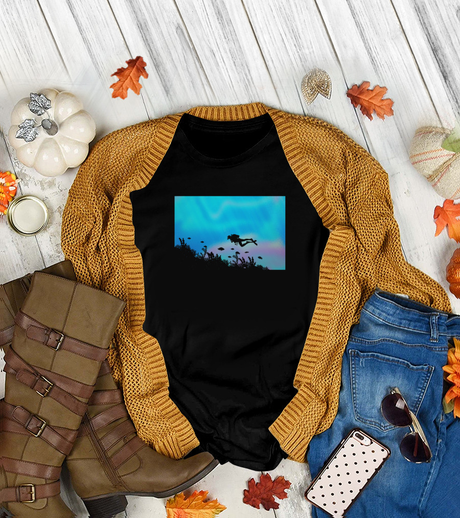 Scuba Diving in Vibrant Underwater Reef Scene with Colorful Fish and Aquatic Life T-Shirt