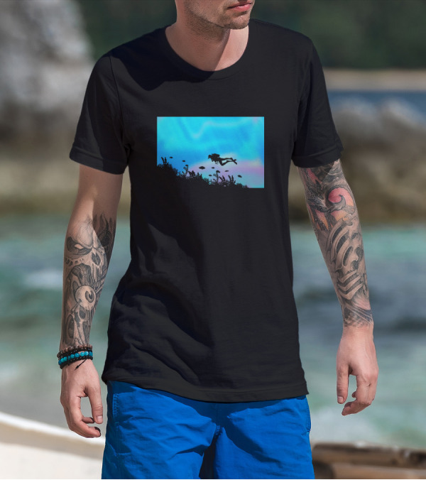 Scuba Diving In Vibrant Underwater Reef Scene With Colorful Fish And Aquatic Life T-Shirt