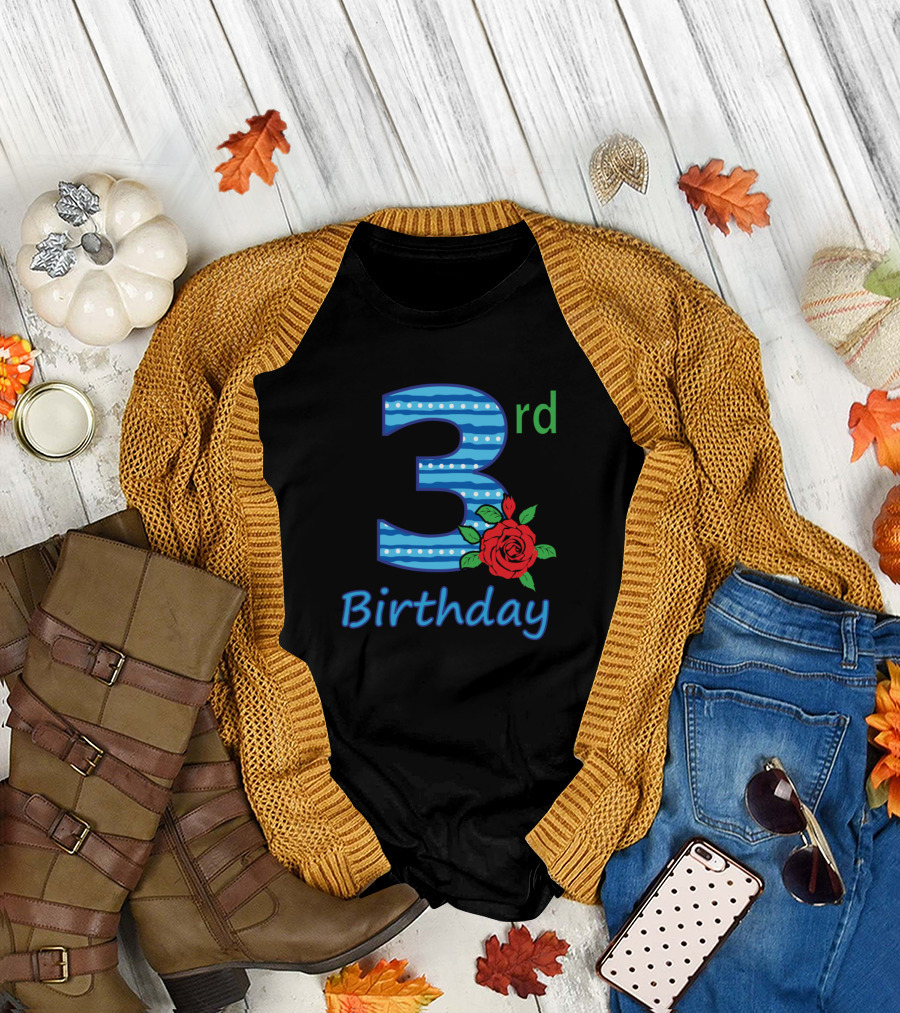 3rd Birthday Flower with Striped Blue Number and Red Rose T-Shirt