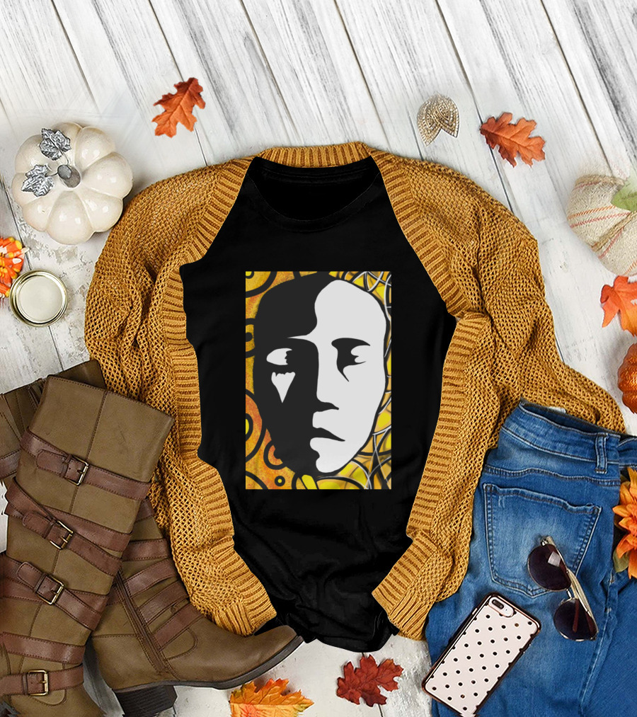 Black Abstract Face with Yellow and Orange T-Shirt