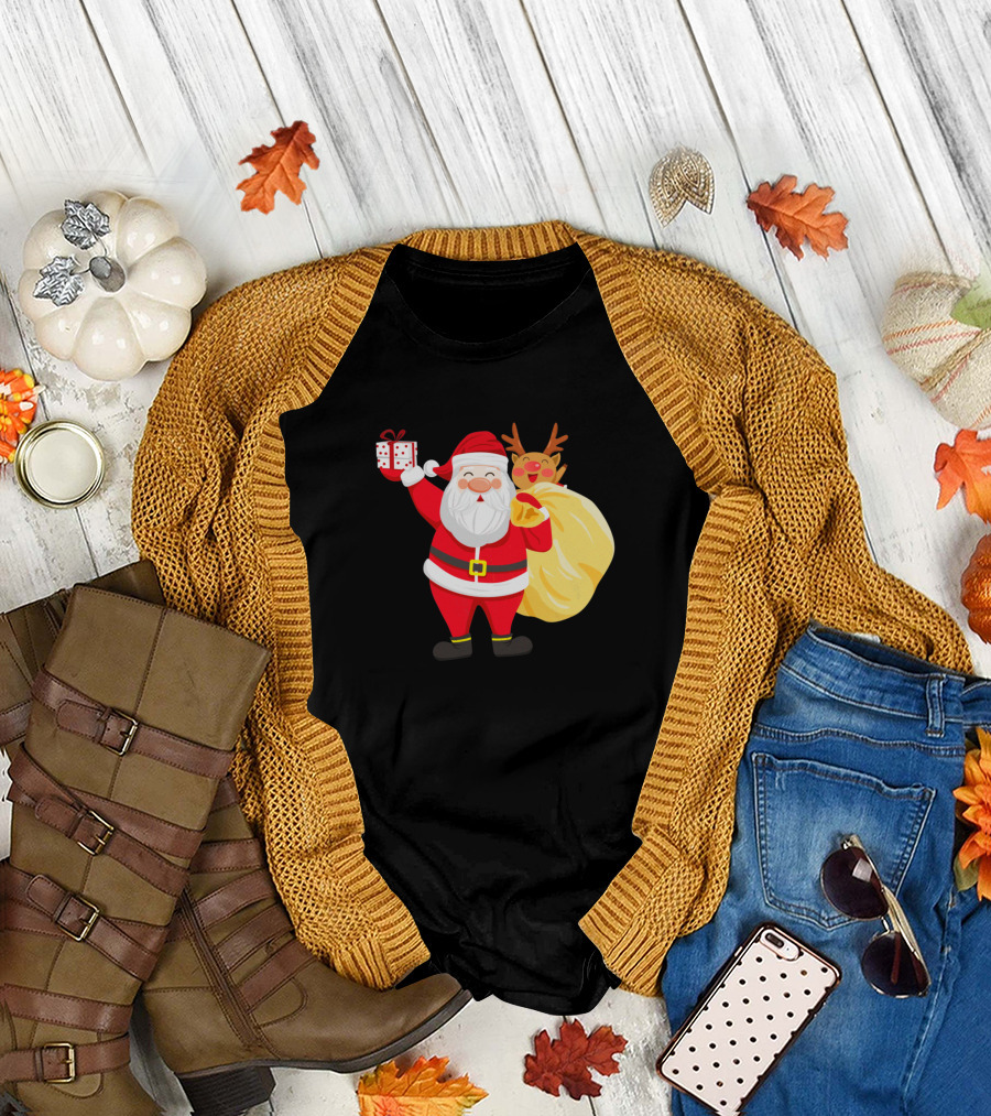 Creative Santa Claus With Gift and Reindeer Behind Sack T-Shirt