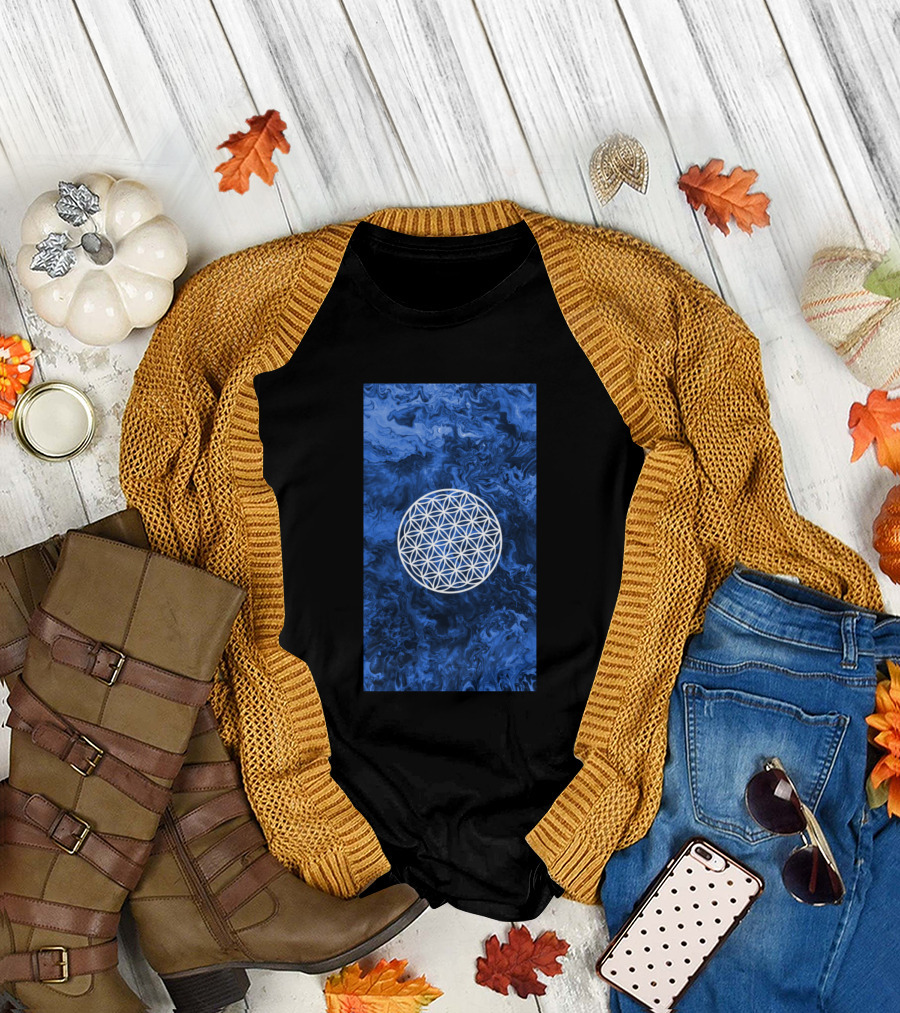 Flower Of Life Sacred Geometry Mandala Blue Sphere on Abstract Swirl T-Shirt