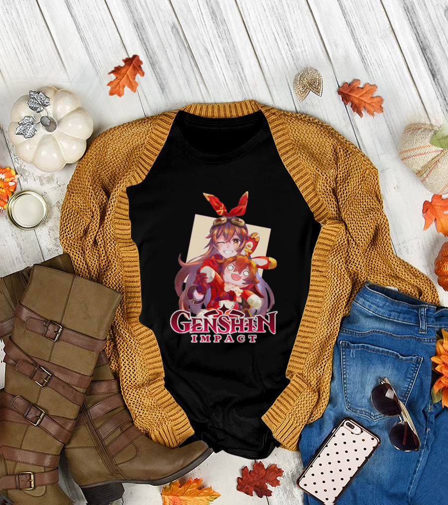 Genshin Impact Amber Character Winking with Baron Bunny T-Shirt