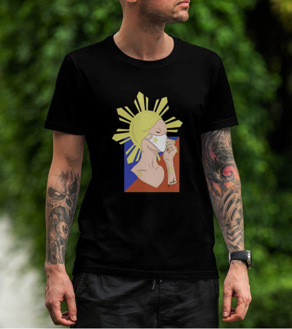 Inang Bayan Masked Lady With Philippine Flag Elements And Sunburst Motif T-Shirt