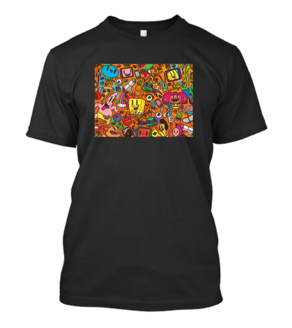 SpongeBob Doodle Collage Funny Faces Patrick Jellyfish Krabby Patty Vibrant Chaos T-Shirt