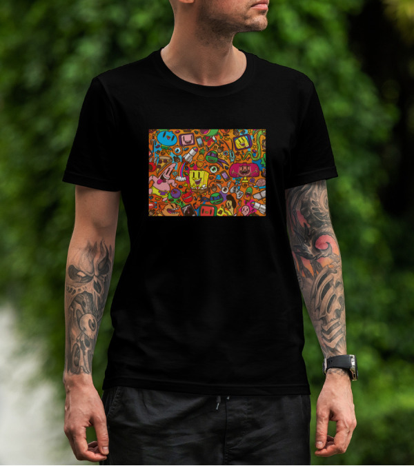 SpongeBob Doodle Collage Funny Faces Patrick Jellyfish Krabby Patty Vibrant Chaos T-Shirt