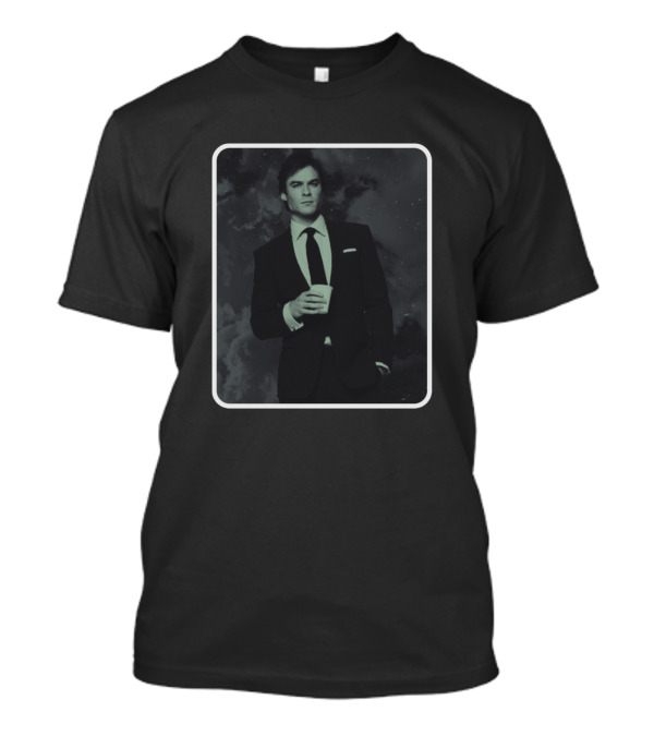 Ian Somerhalder Black Suit Coffee Sky Background T-Shirt