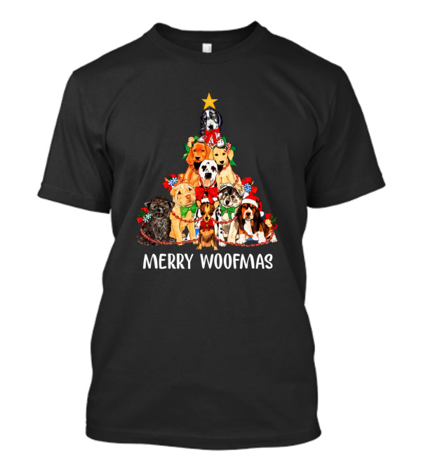 Merry Woofmas Dog Christmas Tree With Festive Puppies And Star Topper T-Shirt