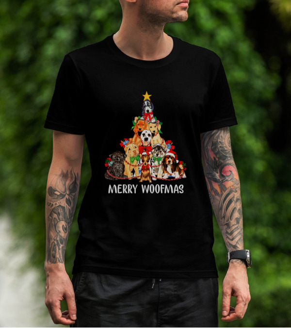 Merry Woofmas Dog Christmas Tree With Festive Puppies And Star Topper T-Shirt
