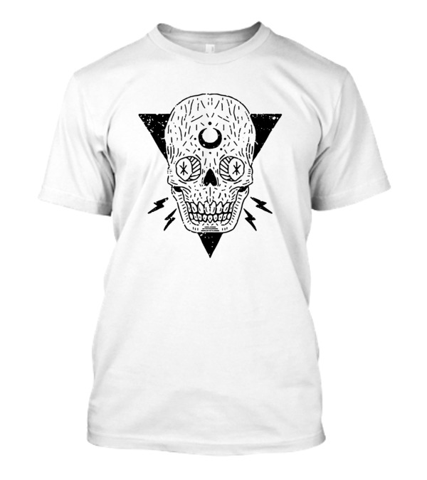 Crescent Moon Skull In Black Triangle With Lightning Bolts T-Shirt