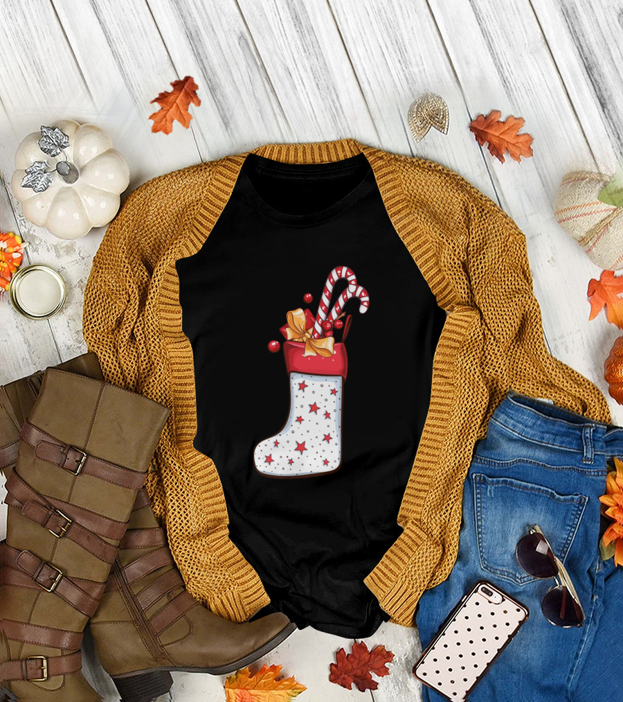Christmas Stocking with Candy Canes and Stars T-Shirt
