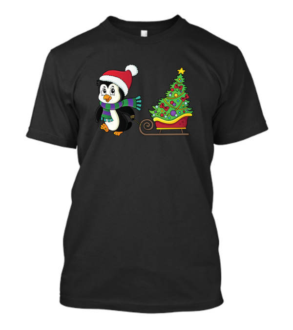 Penguin In Santa Hat Pulling A Festive Christmas Tree In Sleigh T-Shirt