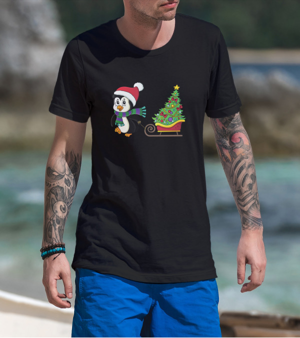 Penguin In Santa Hat Pulling A Festive Christmas Tree In Sleigh T-Shirt