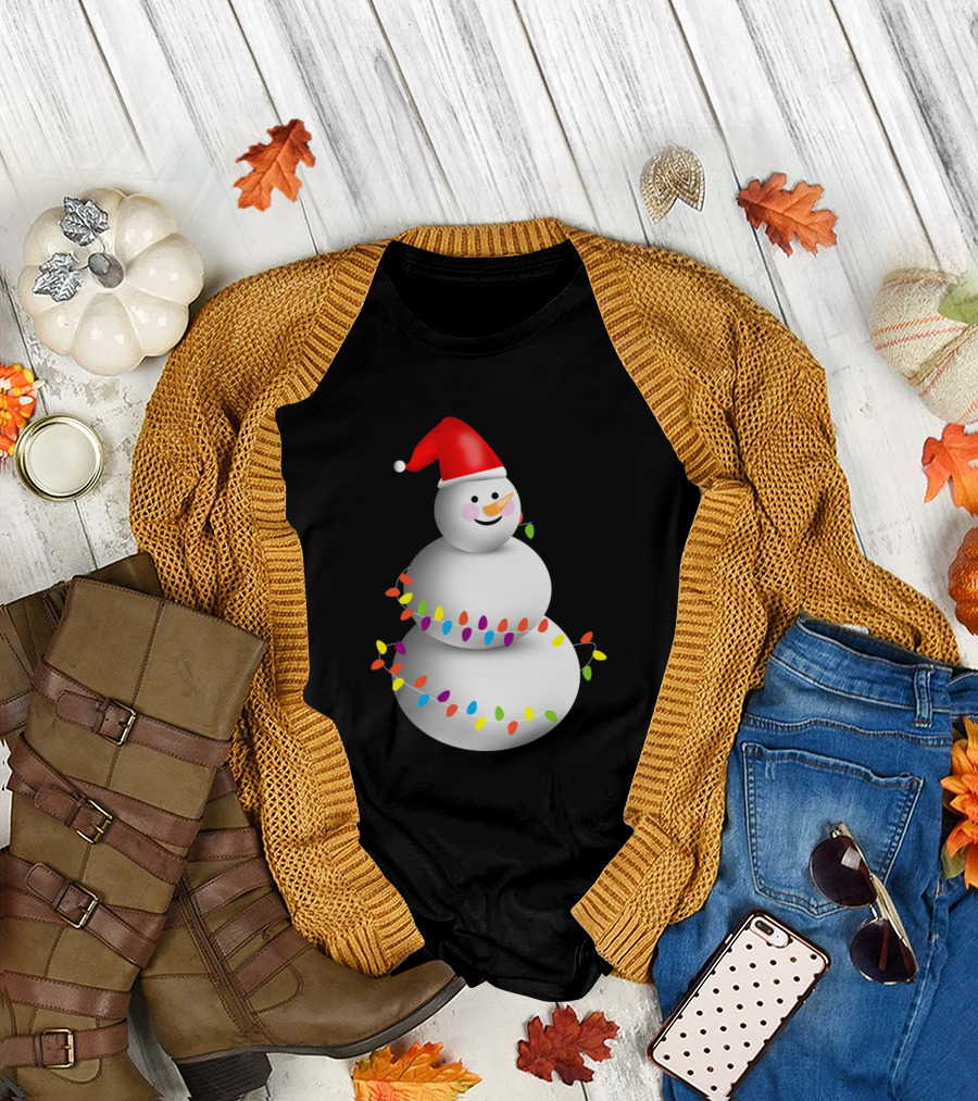 Merry Christmas Snowman with Santa Hat and Colorful Christmas Lights T-Shirt