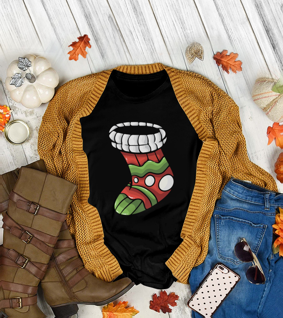 Sock Green Red White Striped Christmas Holiday T-Shirt