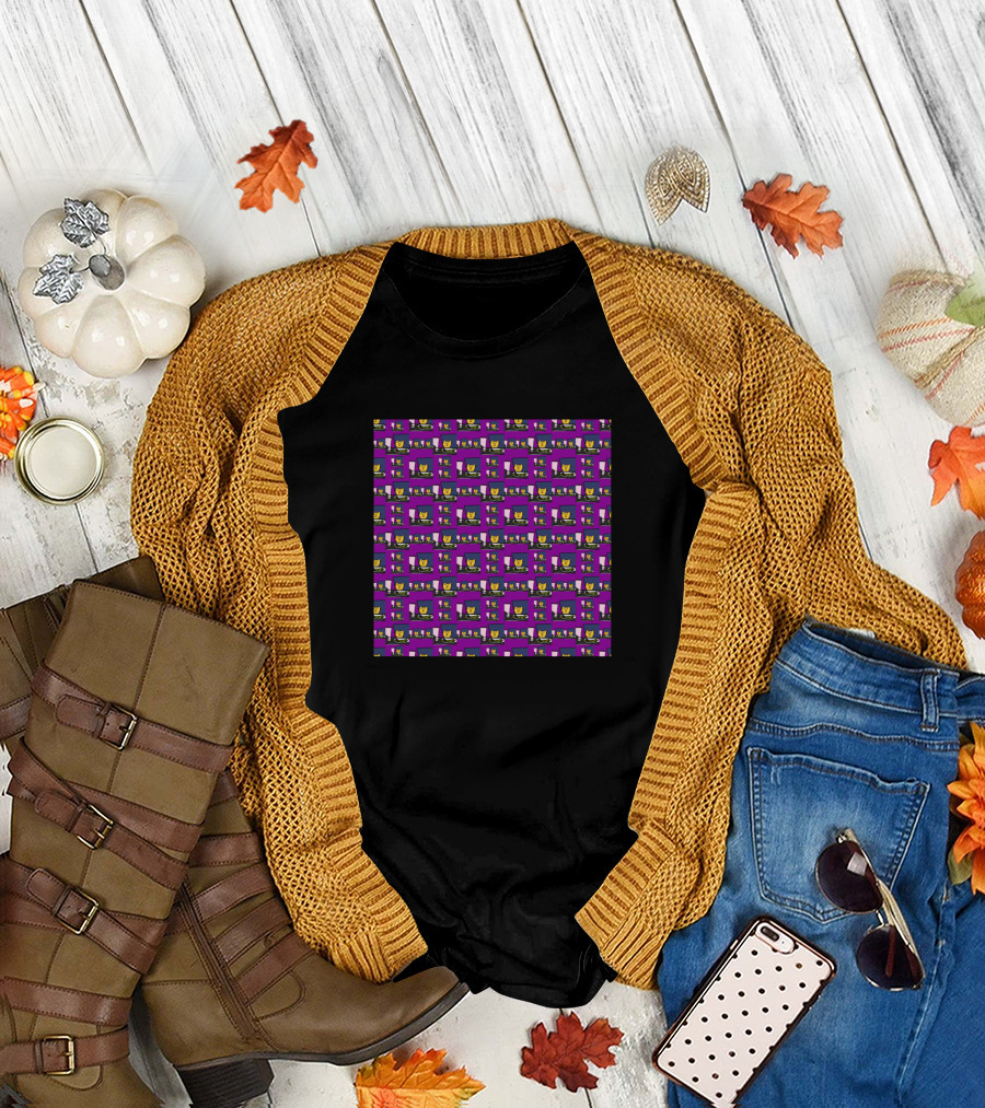 Purple Patterned Cat At A Table Repeating Motif T-Shirt