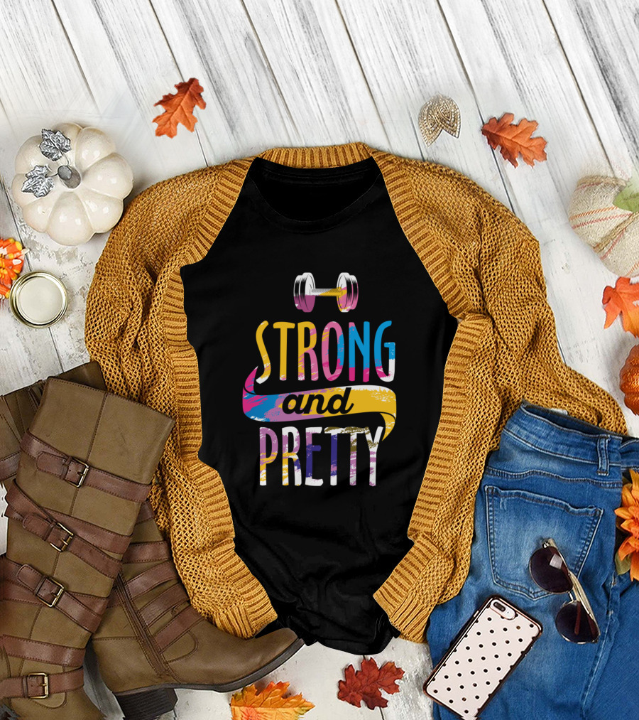 Strong and Pretty Colorful Dumbbell Motivation T-Shirt