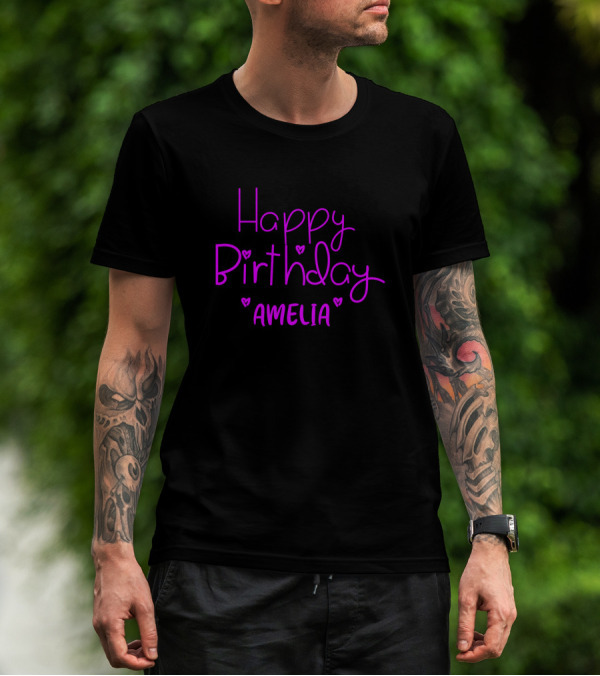 Happy Birthday Amelia Purple Hearts Text T-Shirt