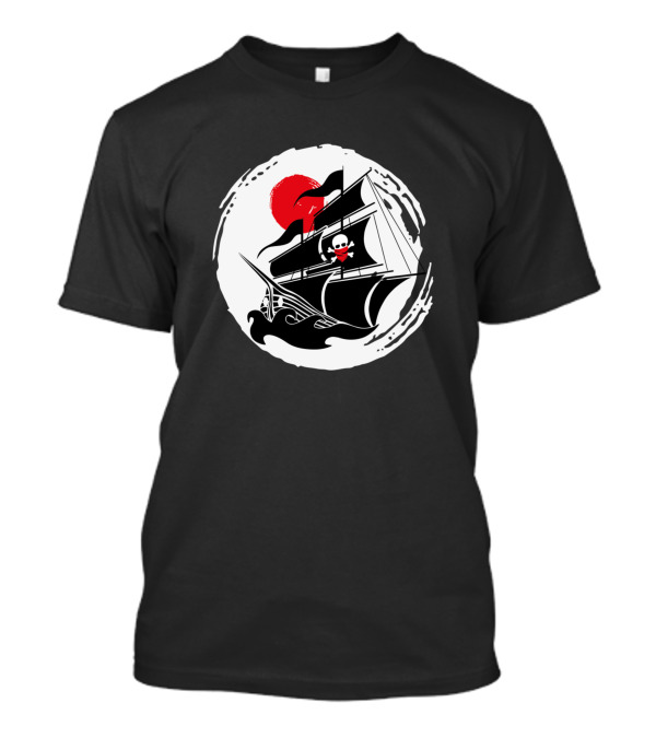 Skull And Crossbones Pirate Ship With Red Sunburst T-Shirt