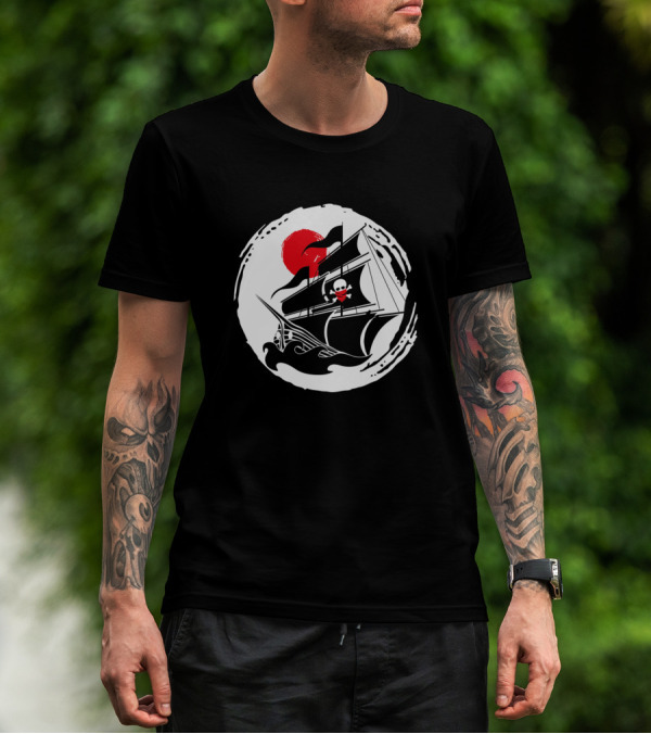 Skull And Crossbones Pirate Ship With Red Sunburst T-Shirt