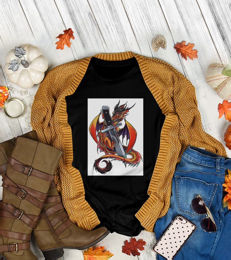 Forge Dragon with Sword Embrace Fantasy T-Shirt