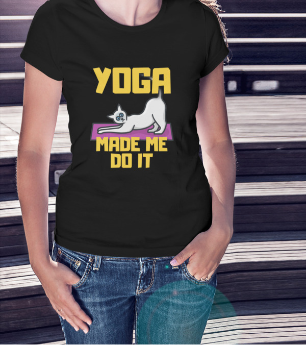 YOGA MADE ME DO IT Cat Pose On Purple Mat T-Shirt