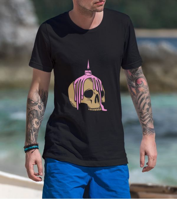 Candle On Skull With Melting Pink Wax Dripping T-Shirt