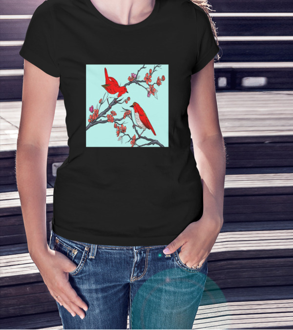 Floral Botanical Chinese Birds With Blossoms T-Shirt