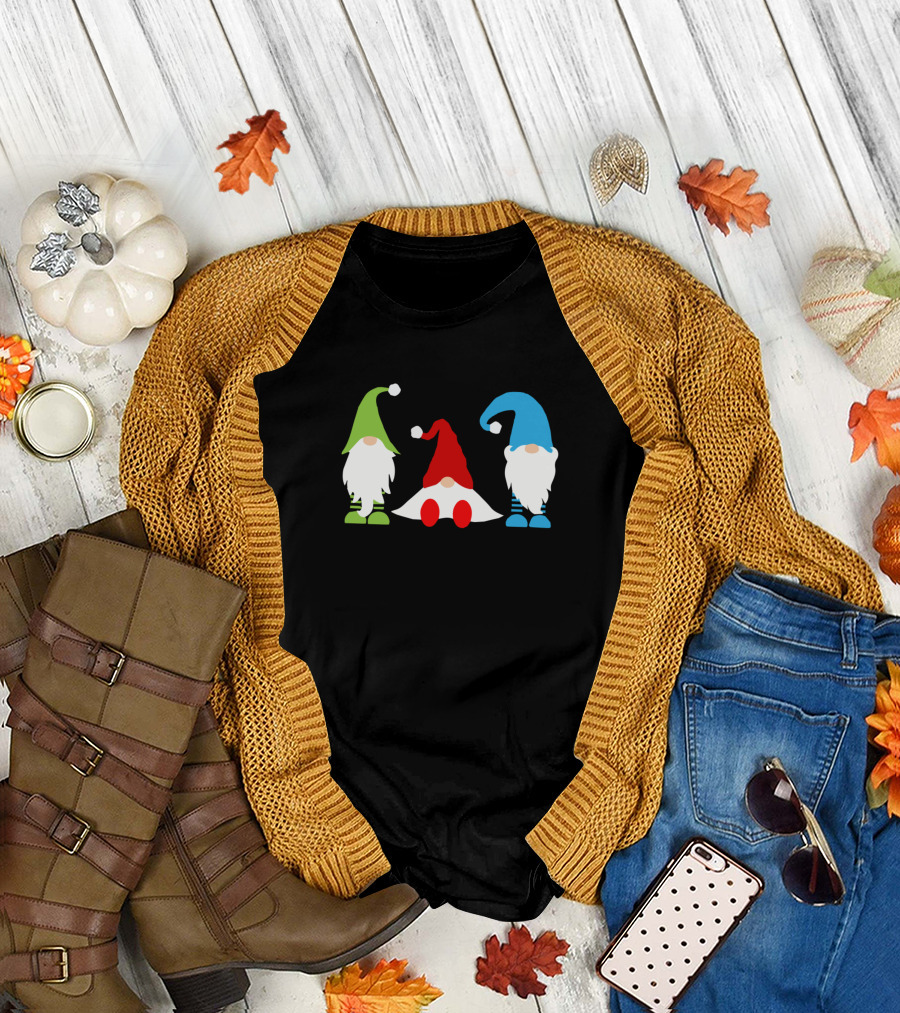 Imp Gnome Trio in Festive Caps for Colorful Holidays T-Shirt