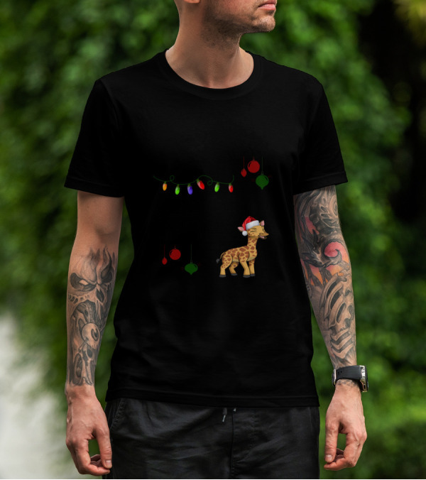 Giraffe Around The Christmas Tree Santa Hat Holiday Lights T-Shirt