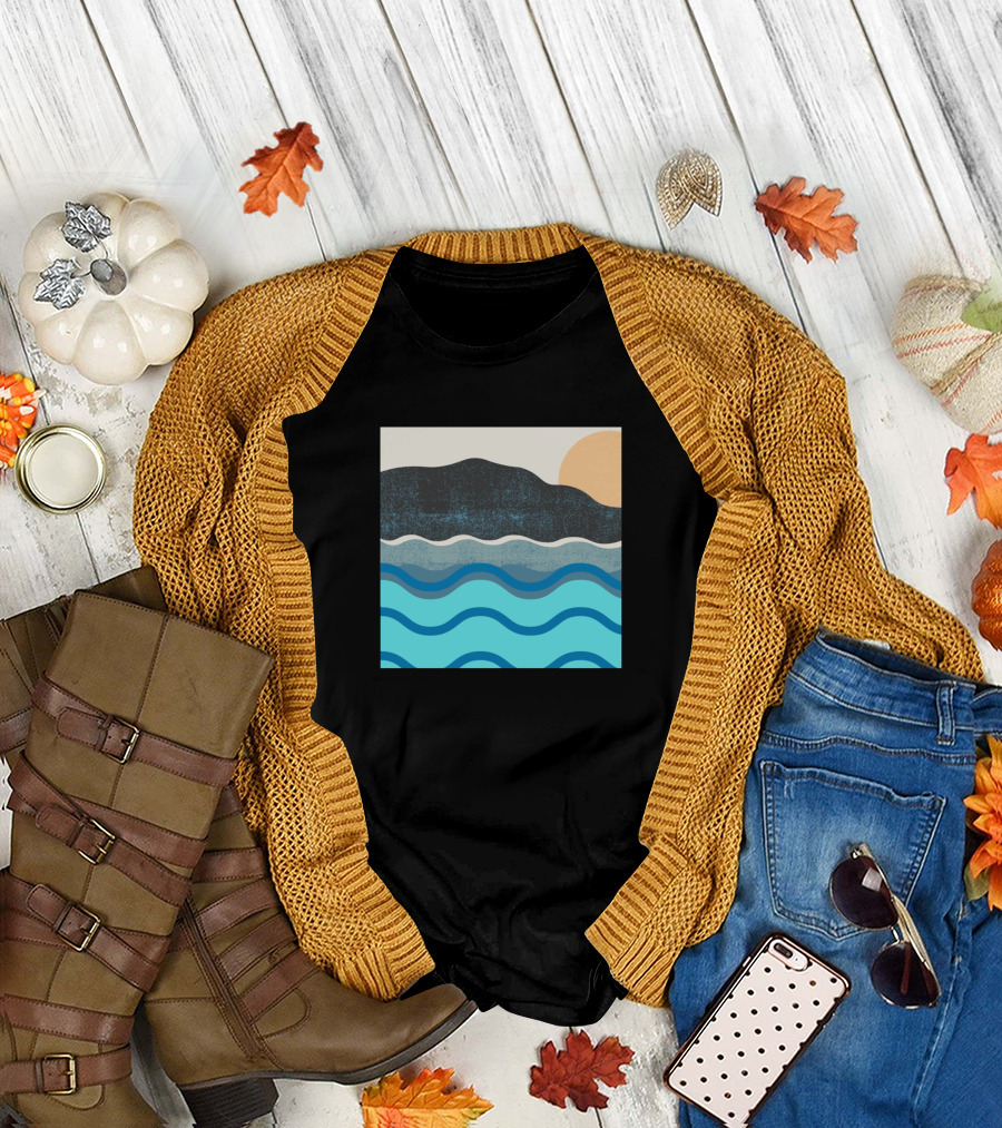 Textured Collage of Mountain, Sea, and Sun Waves T-Shirt