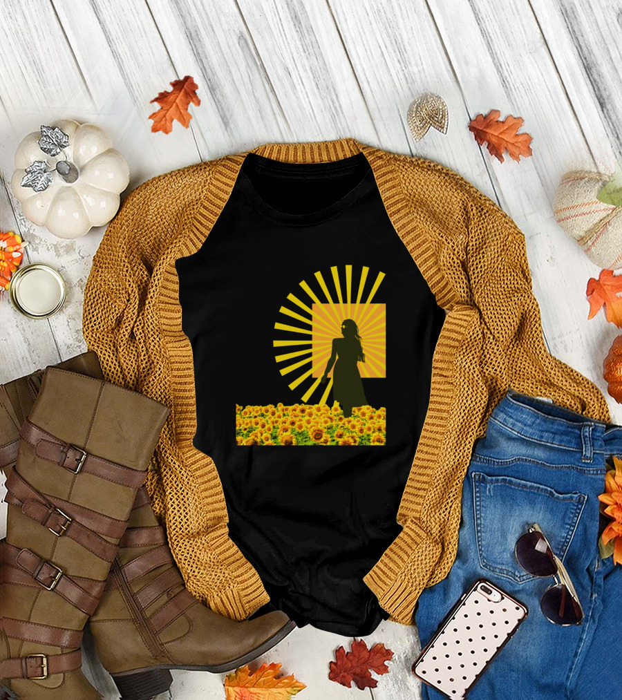 A Wild And Free She Sunflowers Silhouette Sunburst T-Shirt