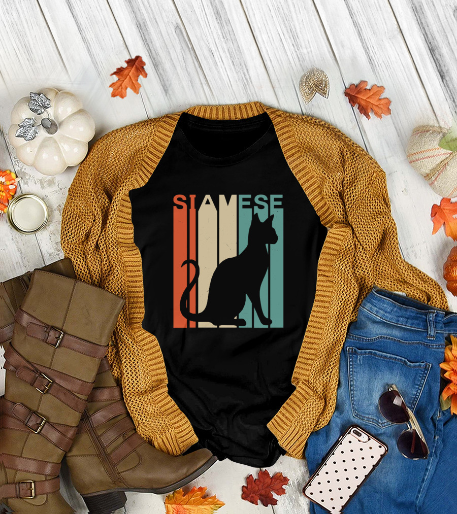Cat Retro Vintage Siamese Silhouette Stripes T-Shirt