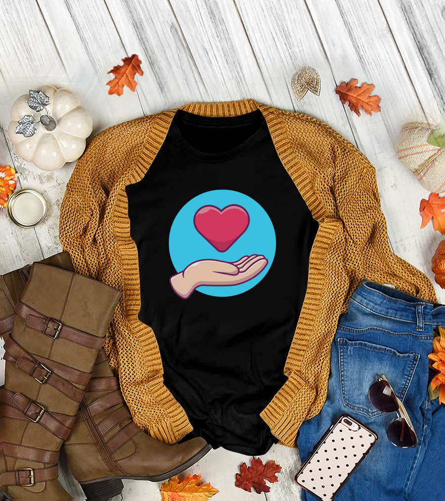Hand Holding Cartoon Heart in Blue Circle T-Shirt