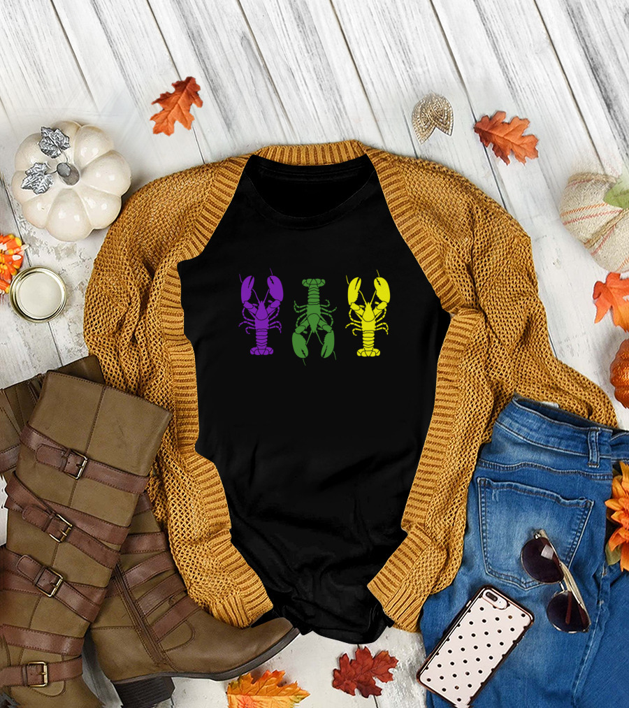 Mardi Gras Crawfish Trio in Purple Green and Yellow T-Shirt