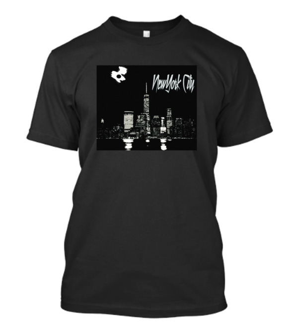 Newyork City Skyline With Flying White Skull Highlights Dark Night Scene T-Shirt