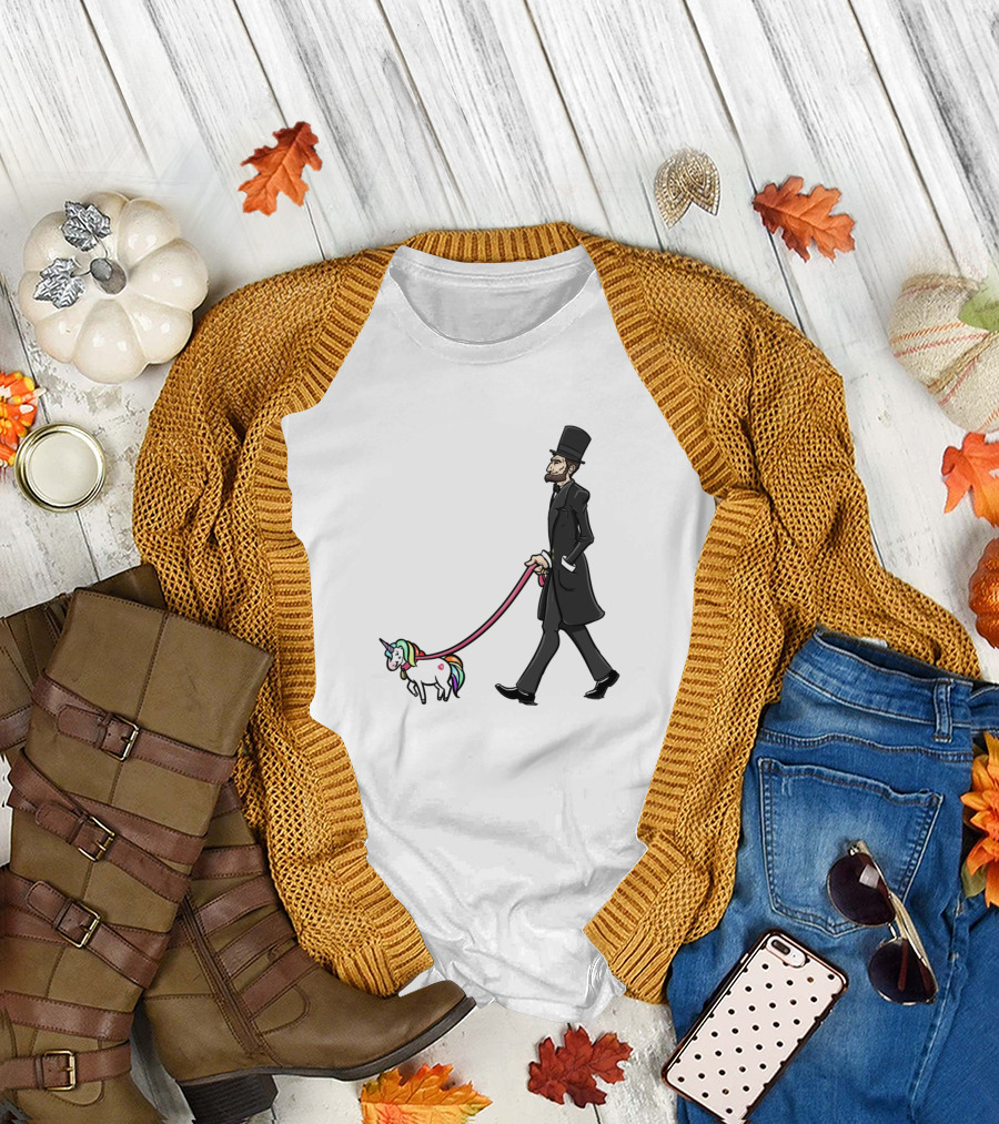 Abraham Lincoln Walking A Unicorn Abe Funny Novelty Top Hat Rainbow T-Shirt