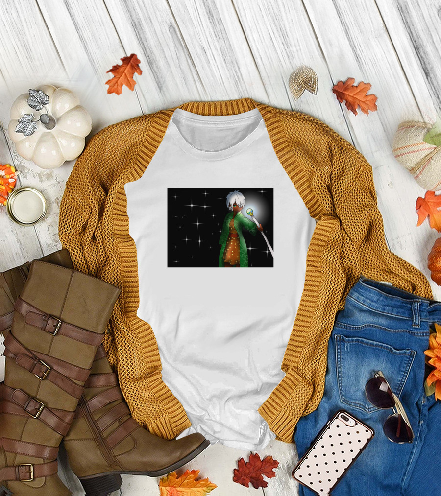 Beautiful Dark Elf Wizard Holding Staff with Stars for DnD and Anime Fans T-Shirt