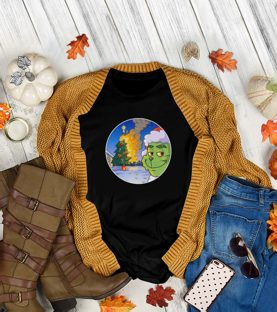 Grinch Smirking at Burning Christmas Tree Scene T-Shirt