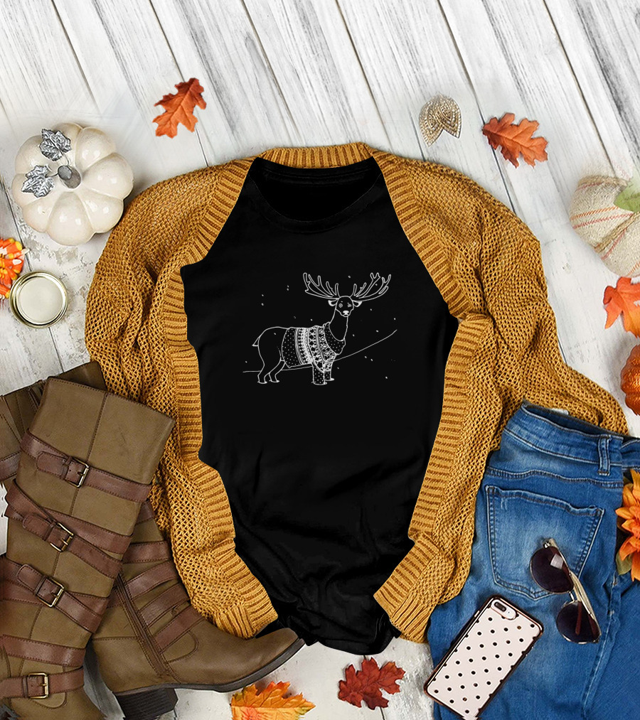 Deer In Festive Knit Sweater Outline T-Shirt
