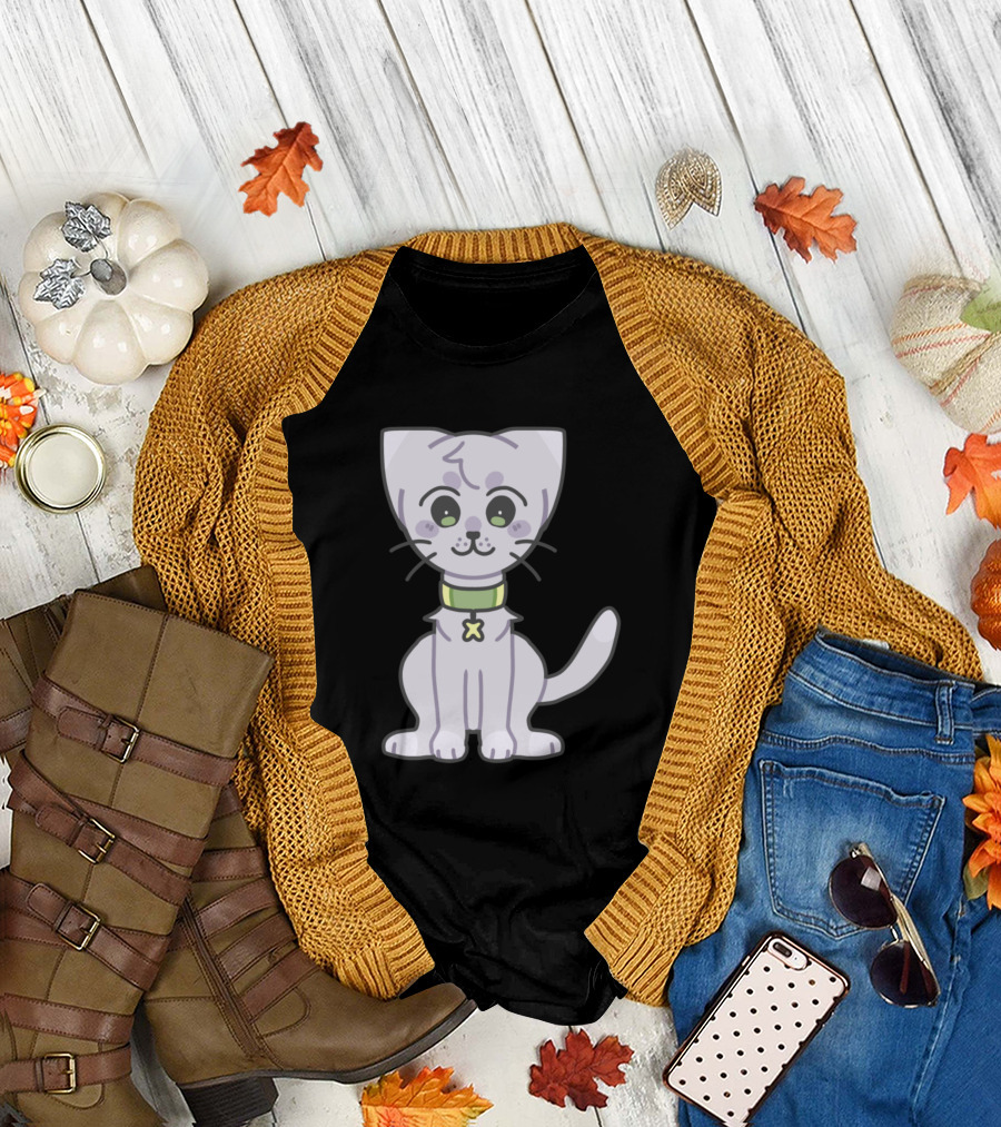 Kitty Kiro Cute Cartoon Cat with Green Collar and Star Charm T-Shirt