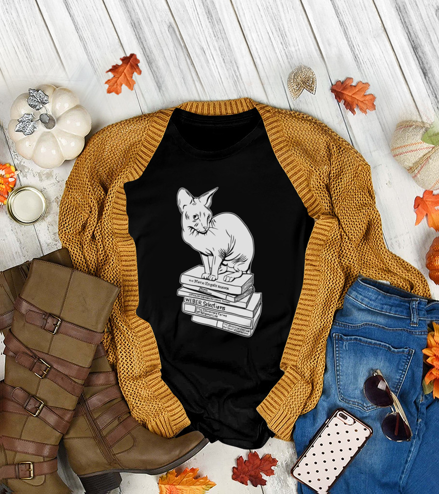 Marxist Cat on Marx Engels Reader and Weber Selections Book Stack T-Shirt